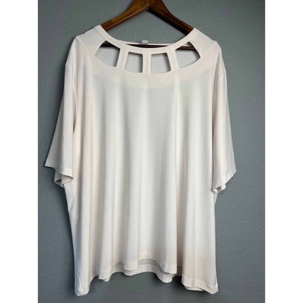 Cato Womens Plus Size 26/28W Cream Cage Cutout Neck Short Sleeve Knit Top Blouse